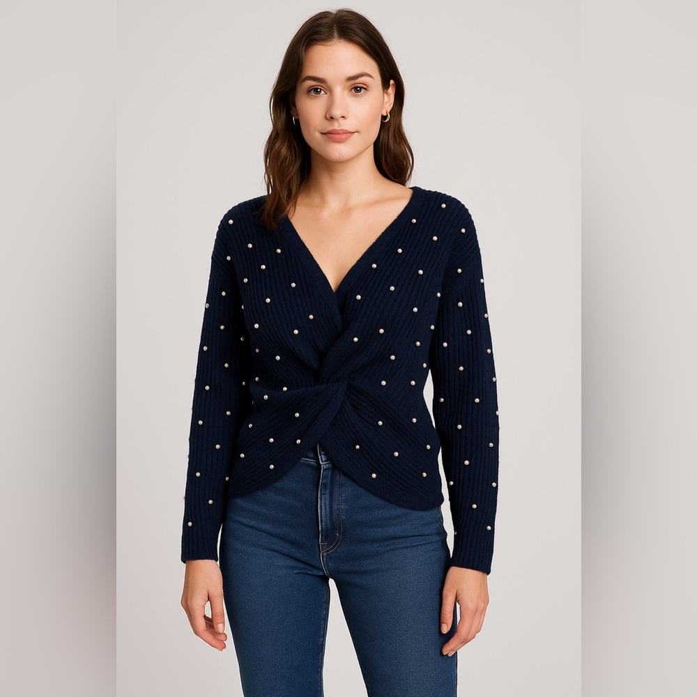 Express Women’s Navy Blue Knit Sweater with Pearl Embellishments Size M